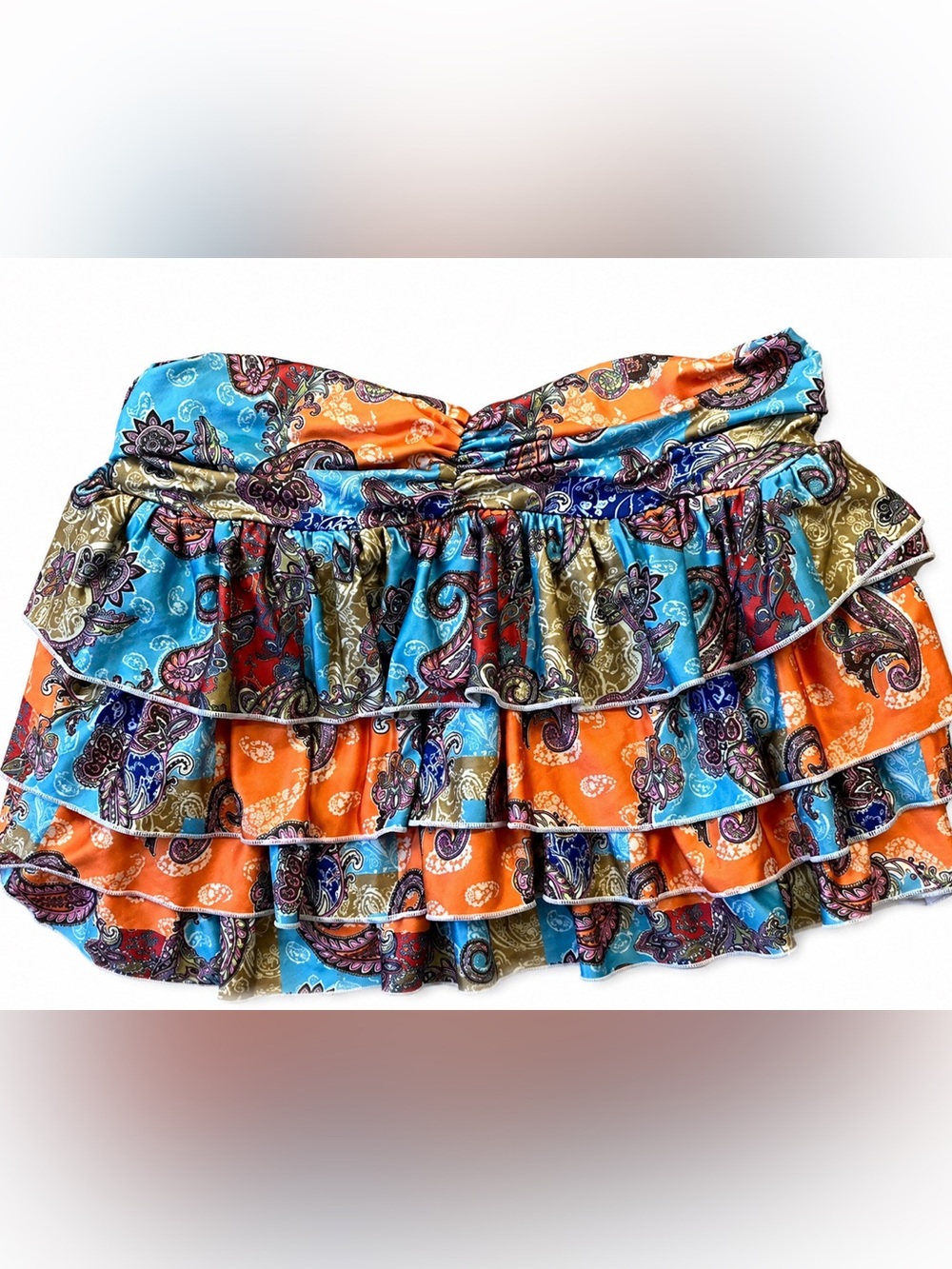 Tiered Ruffle Paisley Mini Skirt - Orange & Blue
